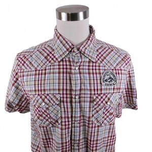 Super Bad Shirt Mens Pearl Snap Tan Maroon Plaid Shirt XL